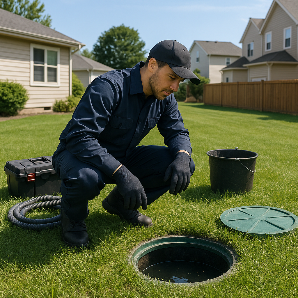 Septic technician inspecting system at a Katy home